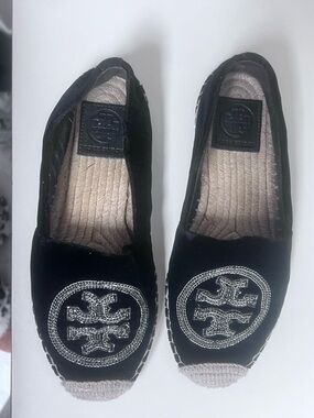 Tory Burch Black Velvet Espadrille Flats with Silver Logo Embroidery